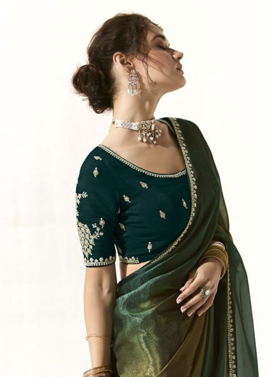 Shyamli – Bottle Green Organza Tissue Saree with Butta Work