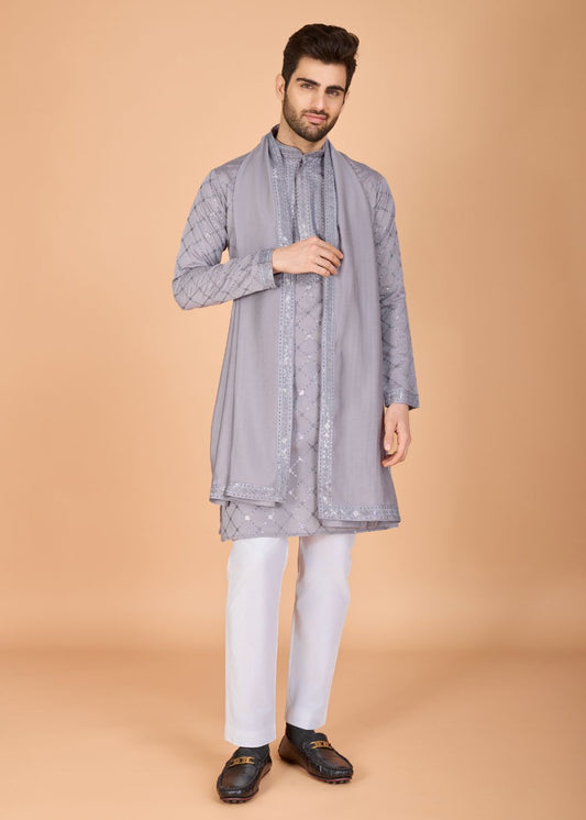 Elegant Grey Silk Kurta Set with Dupatta Detailing