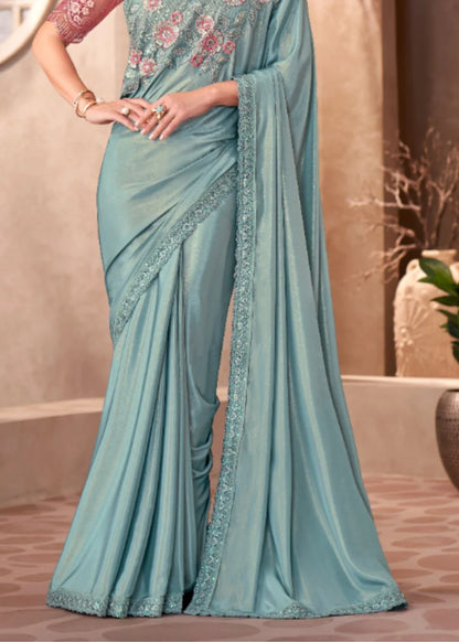 Sky Blue Silk Crape & Linen Saree with Embroidered Border