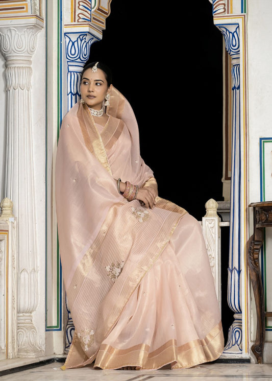 Blush Radiance Tissue Linen Saree with Moti & Cutdana Khatli Work and Elegant Tassels