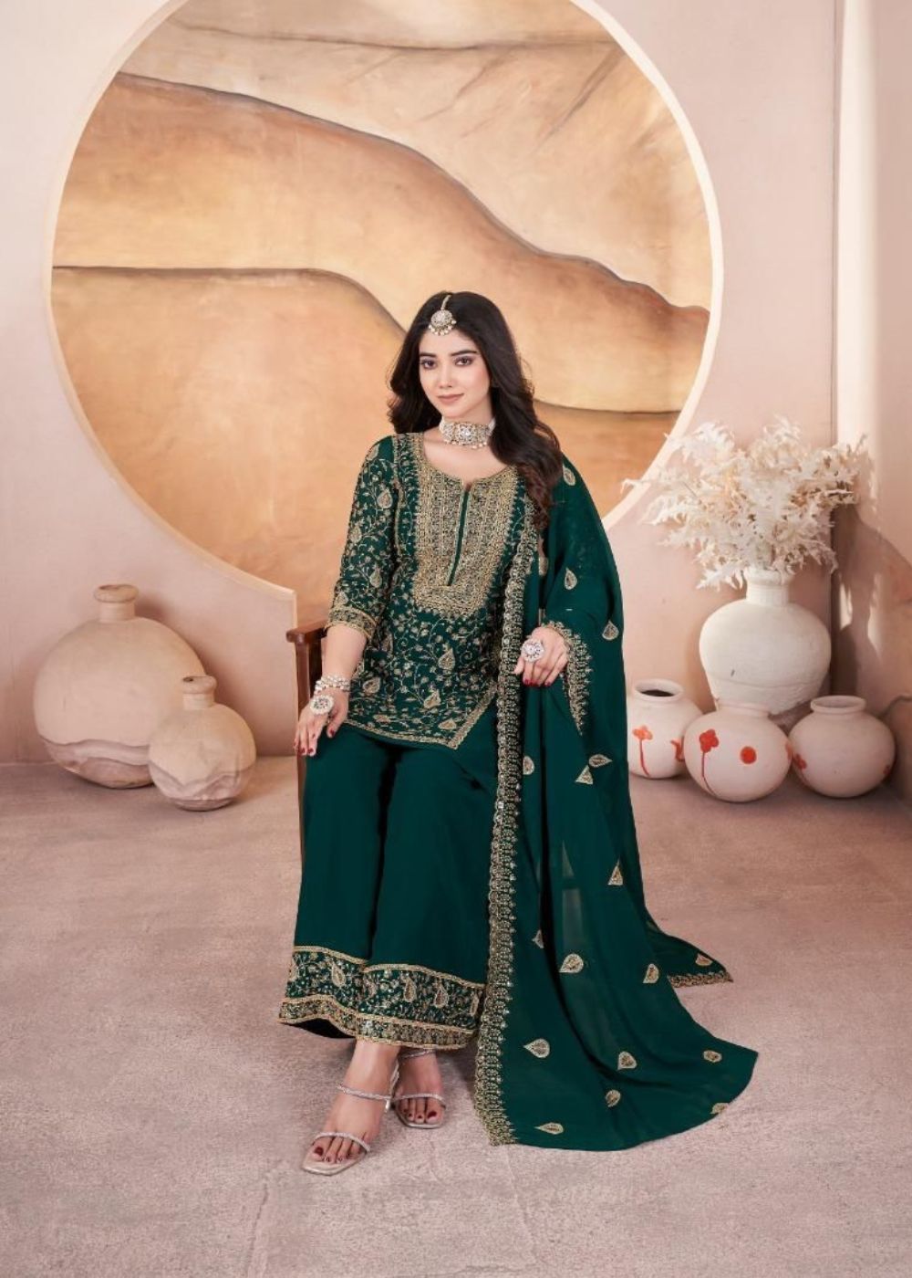 Hariyaali–Emerald Green Embroidered Georgette Ensemble