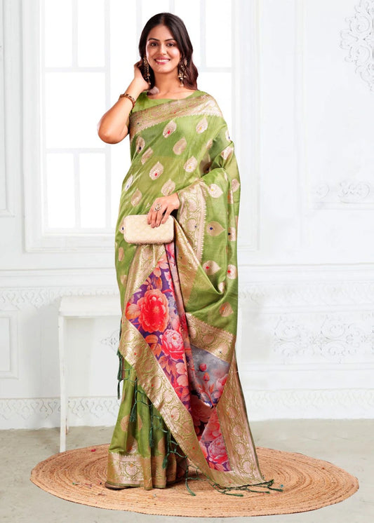 Olive Green Linen Cotton Saree with Traditional Paisley Design & Floral Artwork Pallu
