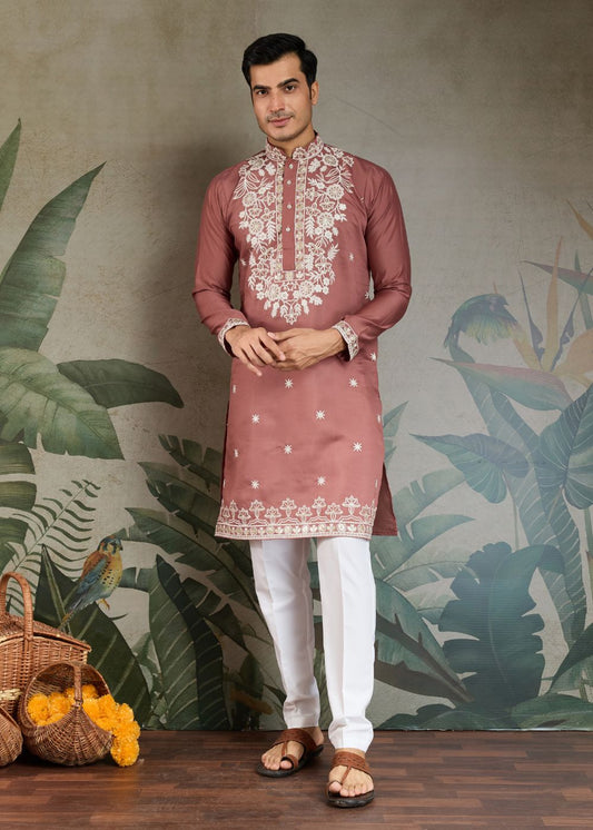 Rosewood Rayon Kurta with Floral Neck Embroidery: Ethnic Bestseller