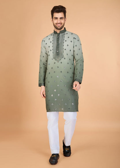 Omber Green Regal Kurta – Majestic Thread Embroidered Style