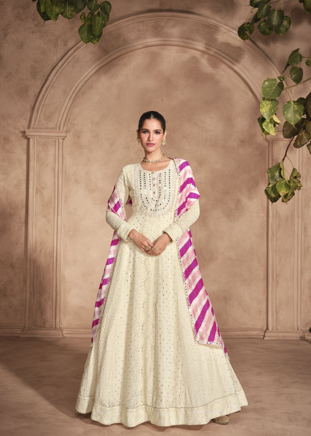 Ivory Georgette Chikankari Suit with Mirror Yoke & Magenta Striped Dupatta