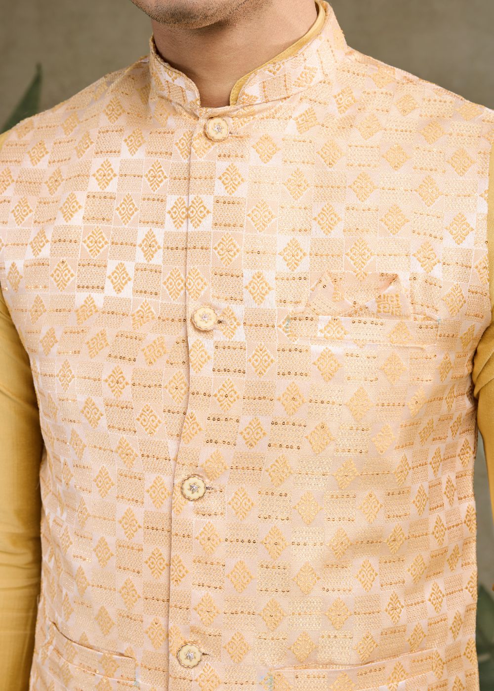 Saffron Majesty – Yellow Viscose Silk Kurta with Embroidered Jacquard Koti