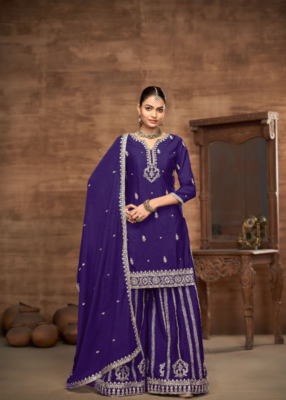 Rajwada Purple-Designer Chinon Silk Suit Set