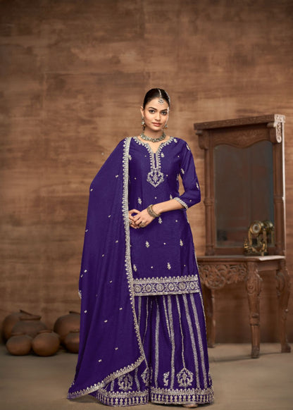 Rajwada Purple-Designer Chinon Silk Suit Set