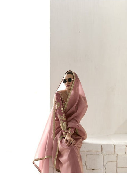 Gulabi Gharana-Dusty rose pink organza silk saree