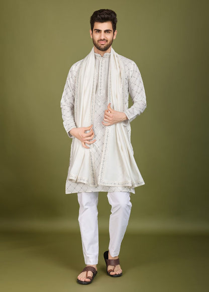 Royal White Viscose Embroidered Kurta with Dupatta