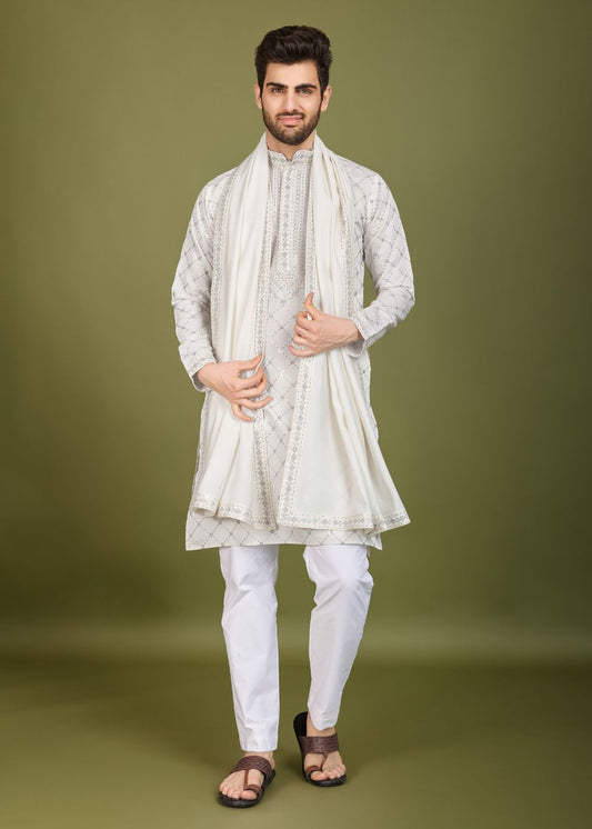 Royal White Viscose Embroidered Kurta with Dupatta