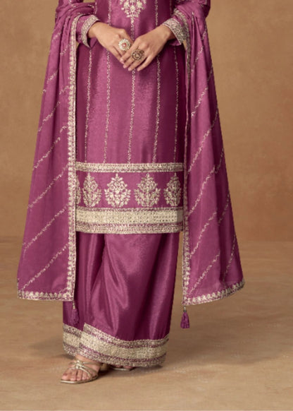Majestic Plum Purple Premium Chinnon Silk Suit with Intricate Zari Embroidery & Embellished Dupatta