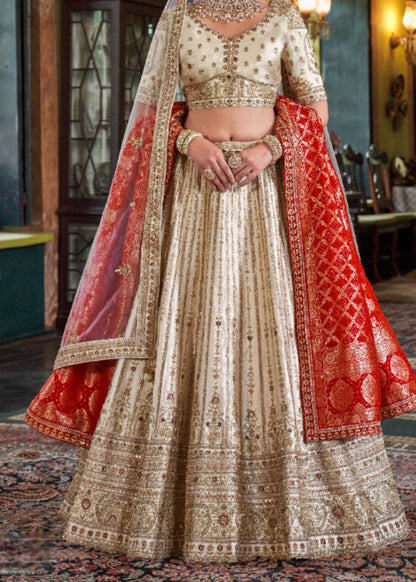 Ivory Grace with Crimson Veil Bridal Lehenga
