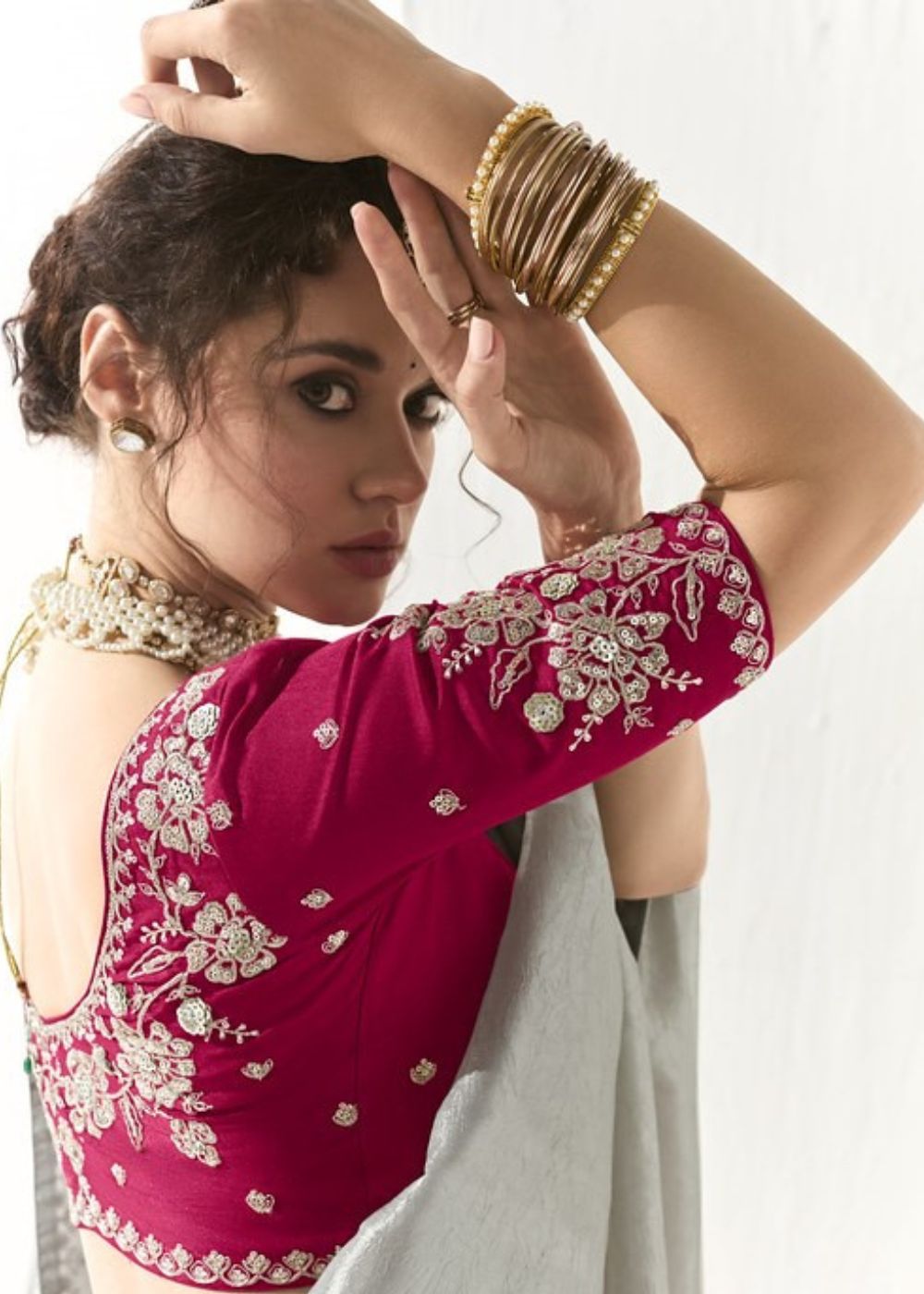 Rajsundari – Silver Grey Organza Tissue Saree with Butta & Designer Border