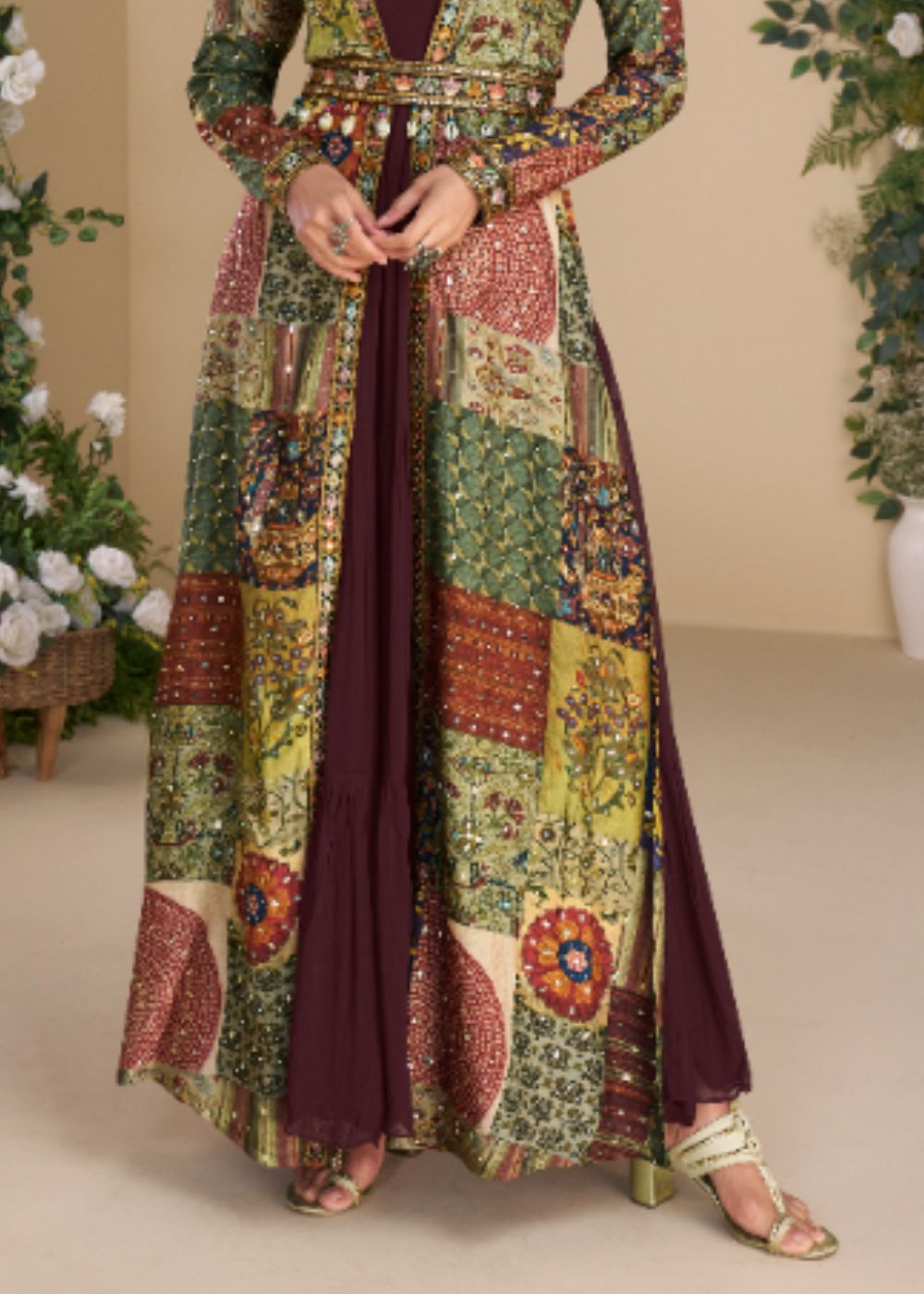 Wine Mosaic Silk Embellished Shrug Set