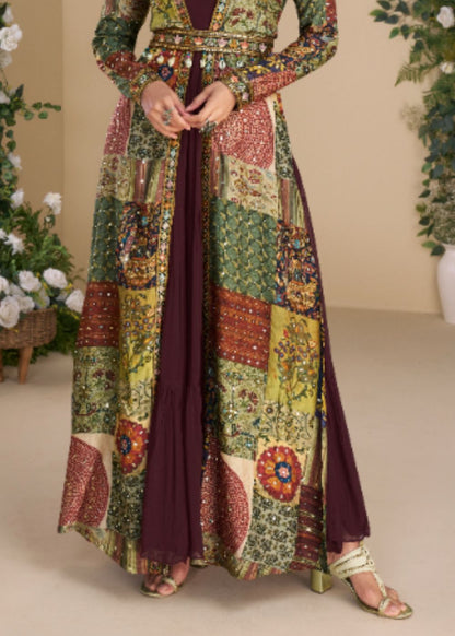Wine Mosaic Silk Embellished Shrug Set