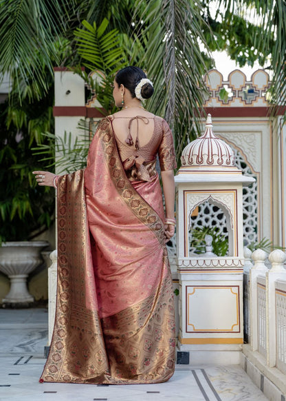 Rose Copper Grace-Soft Zari & Meenakari Woven (Jaal & Kairi Pattern) all over Saree, Patta & Pallu