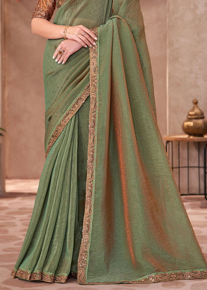 Olive Green Satin Chiffon Saree with Zari Lace Detailing