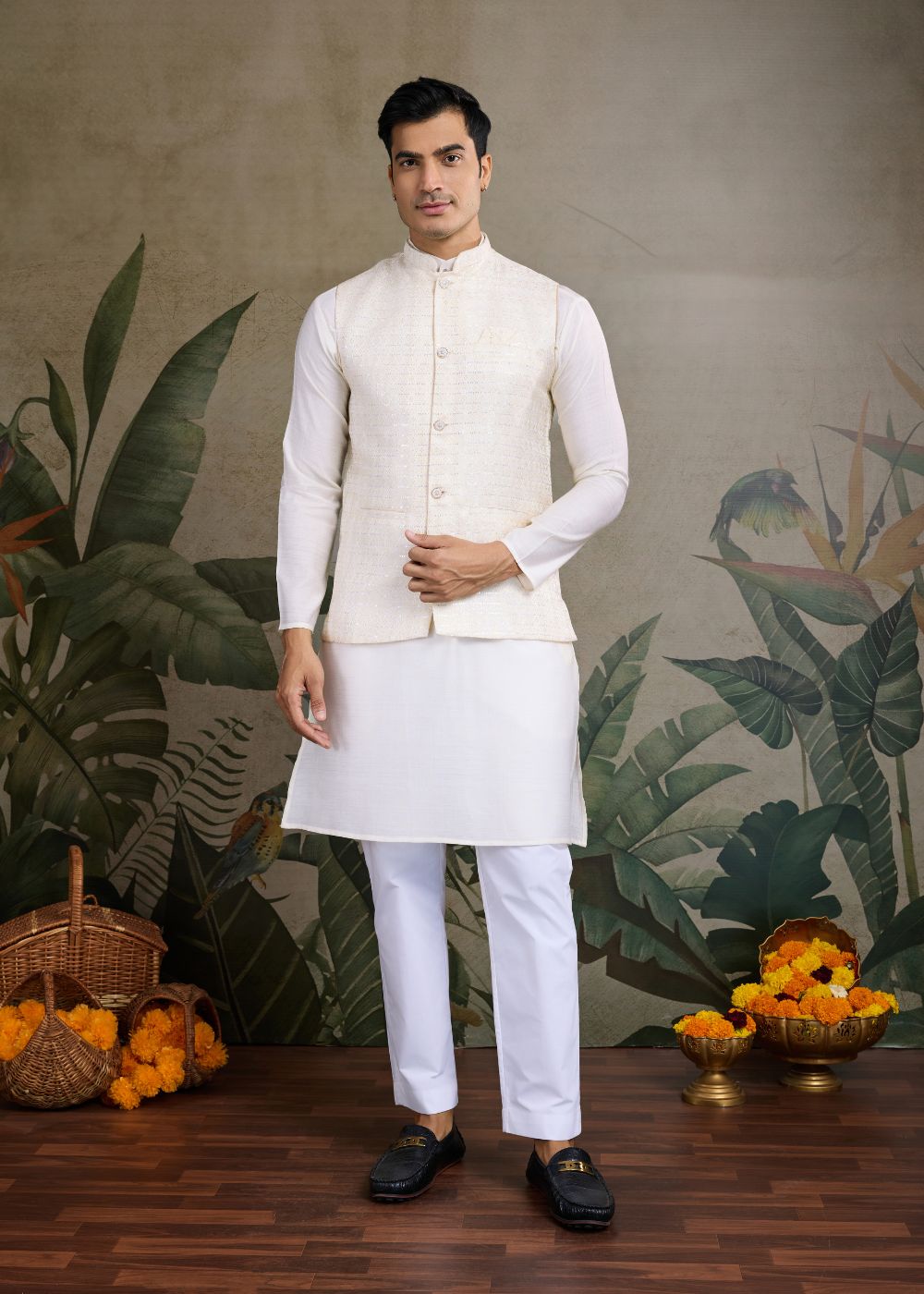 Ivory Emperor – Off White Viscose Silk Kurta with Textured Jacquard Koti