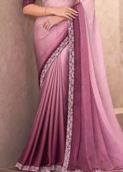 Pastel Pink Satin Chiffon Saree with Designer Embroidery