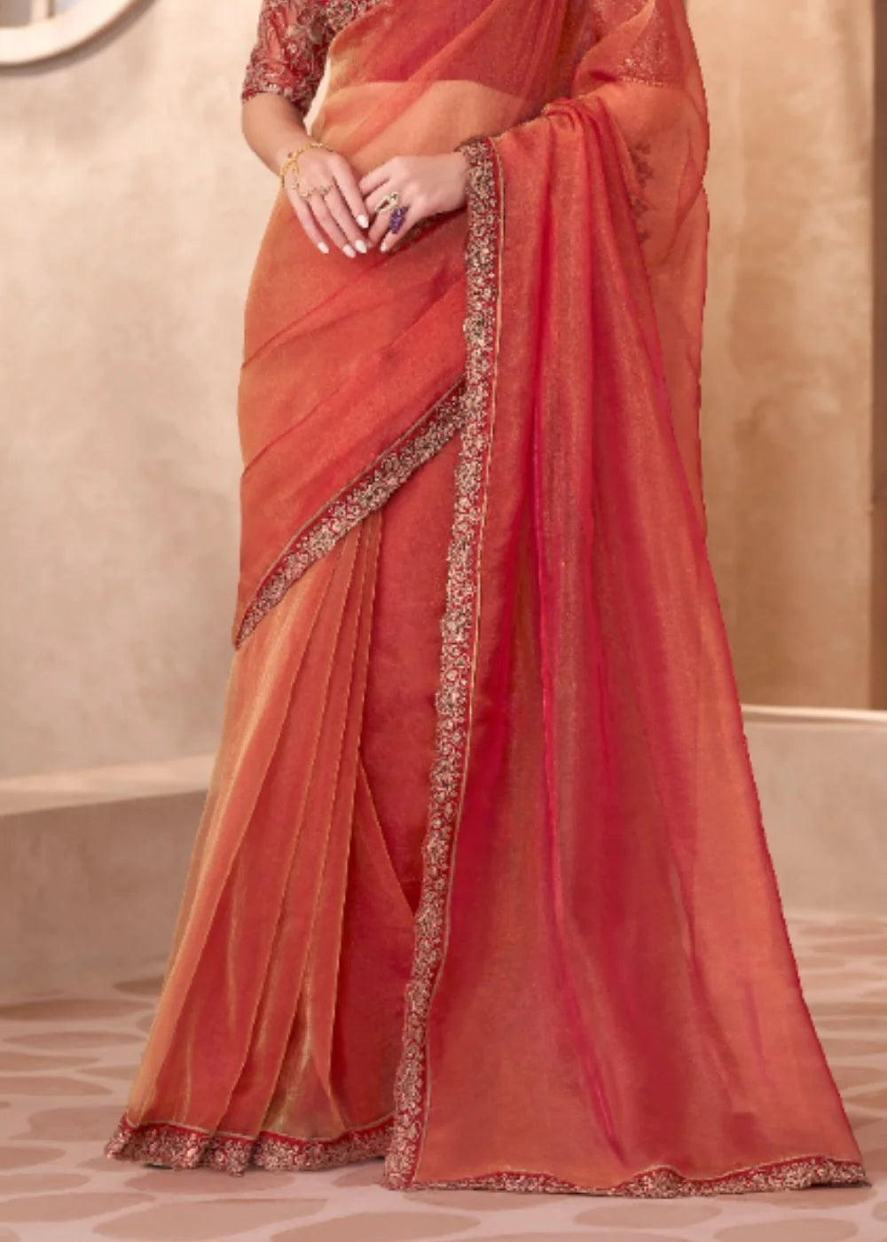 Rust Orange Tissue Saree with Rich Lace Work