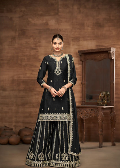 Royal Black - Designer Chinon Silk Suit Set : Ethnic