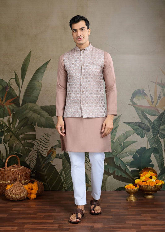 Rose Dust Royalty – Blush Beige Kurta with Designer Jacquard Silk Jacket