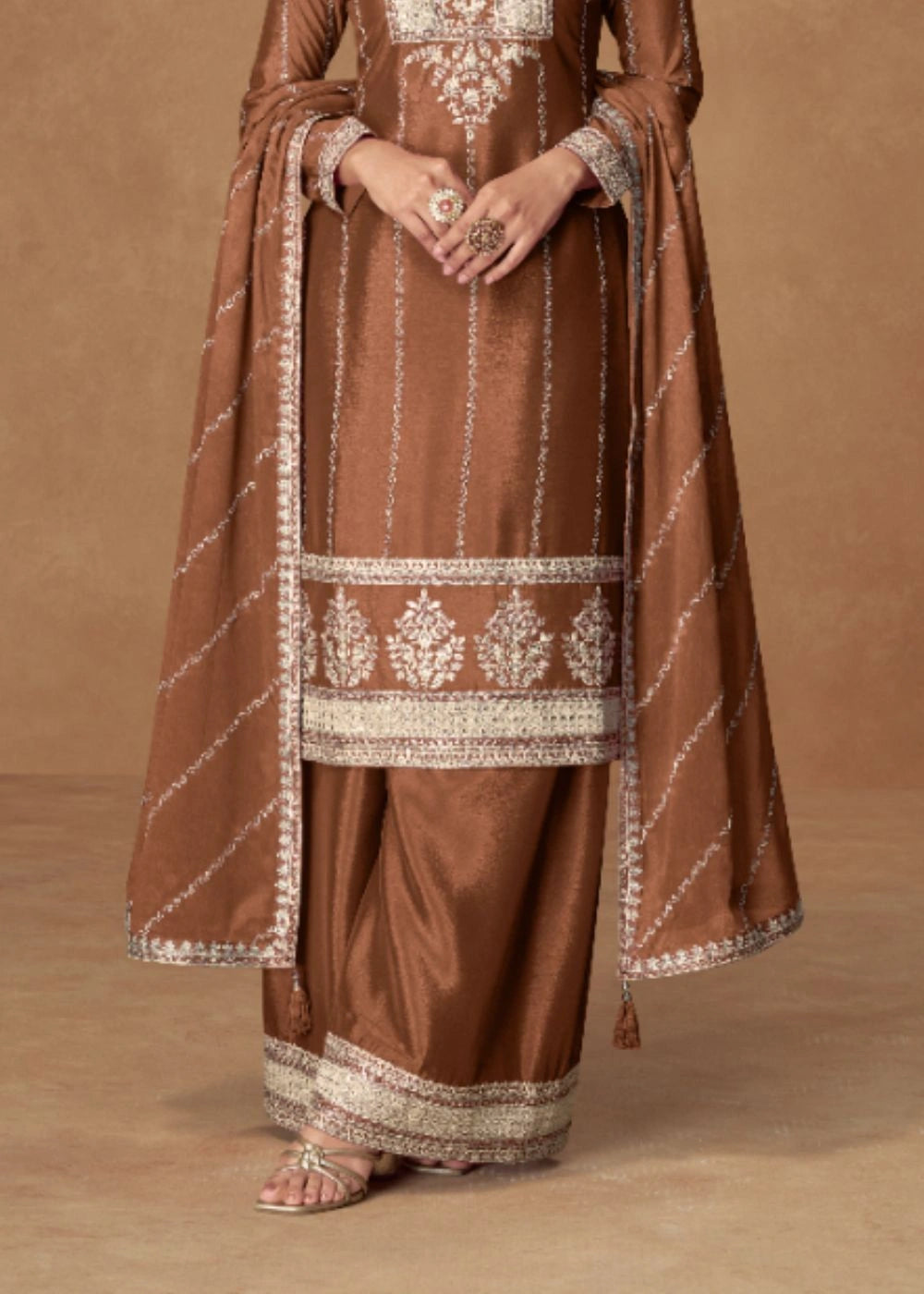 Caramel Mocha Brown Premium Chinnon Silk Suit with Exquisite Embroidery & Festive Dupatta