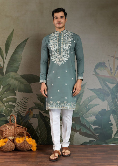 Pista Green Rayon Kurta with Ornamental Embroidery: Elegant Wardrobe Pick