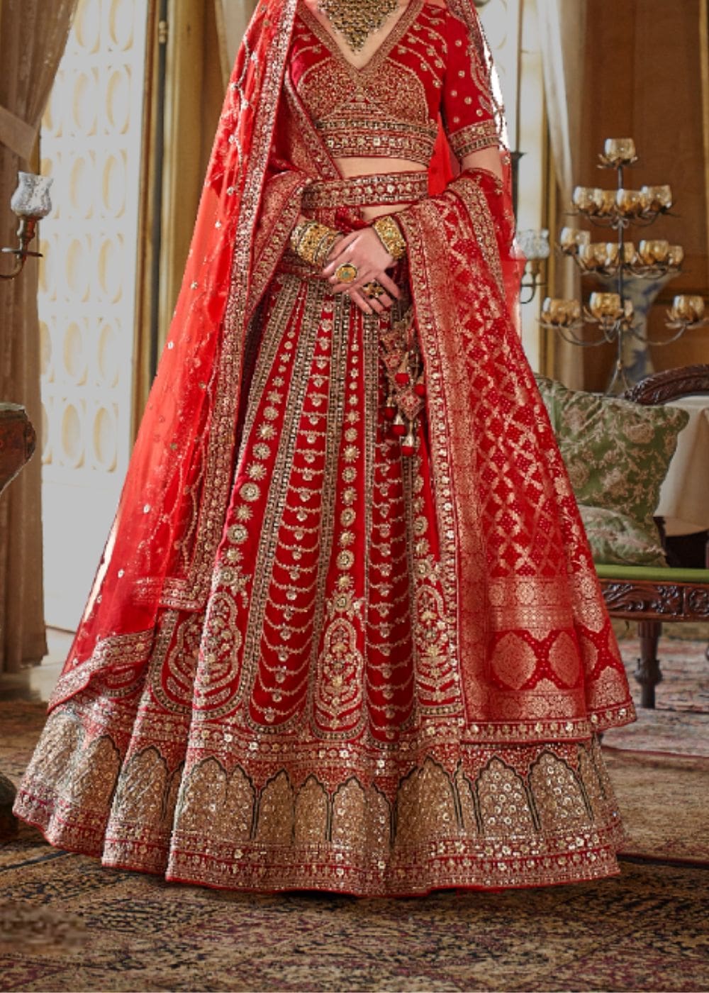 Crimson Flame & Golden Aura Bridal Lehenga