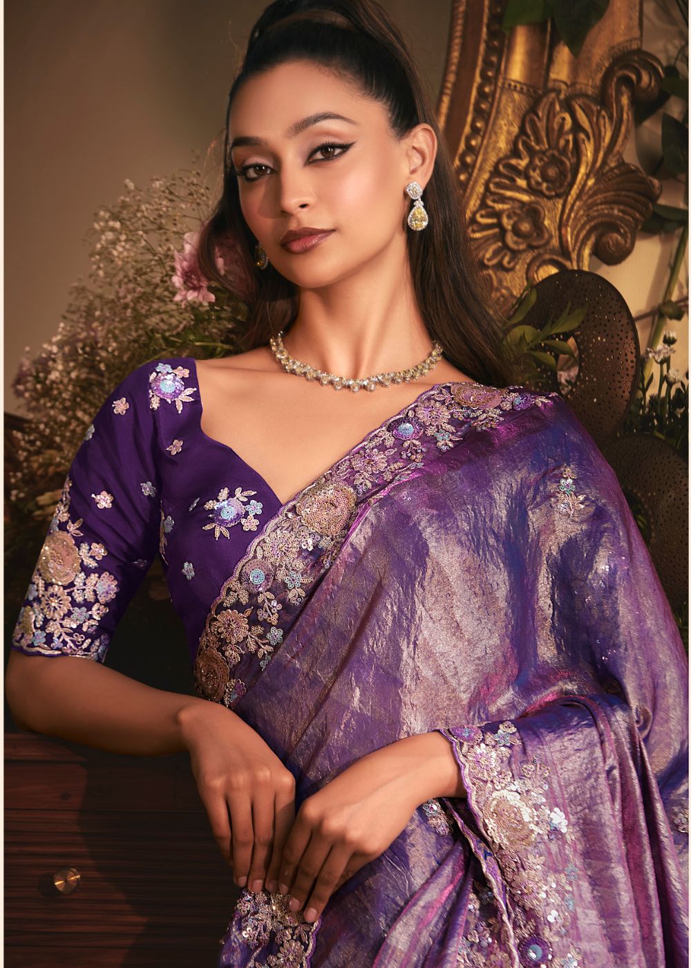 Royal Purple Tissue Organza Saree
