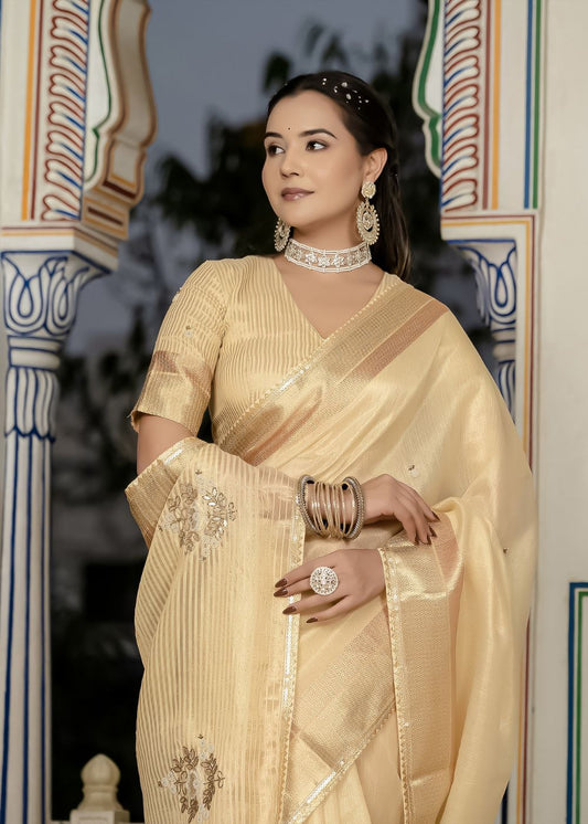 Golden Aura Celebration Saree in Tissue Linen with Intricate Hand Embroidery