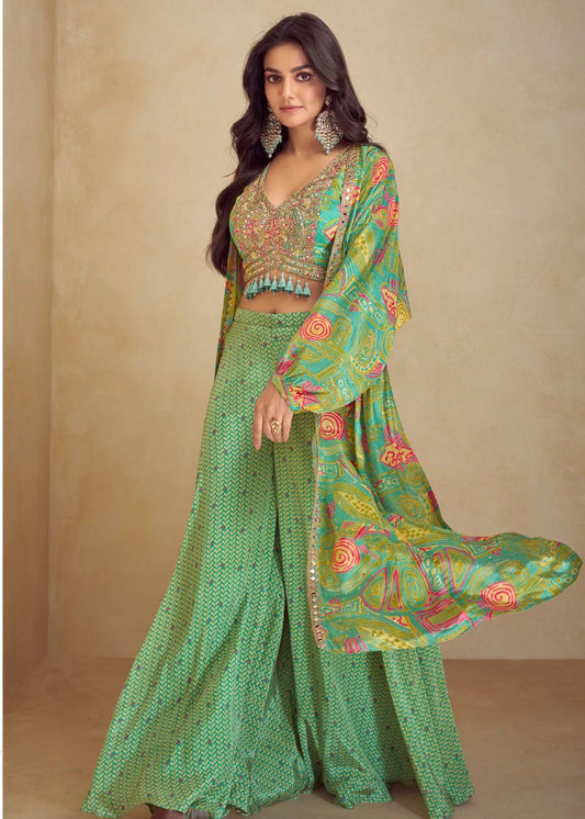 Green Mosaic Real Chinon & Silk Palazzo Jacket Set