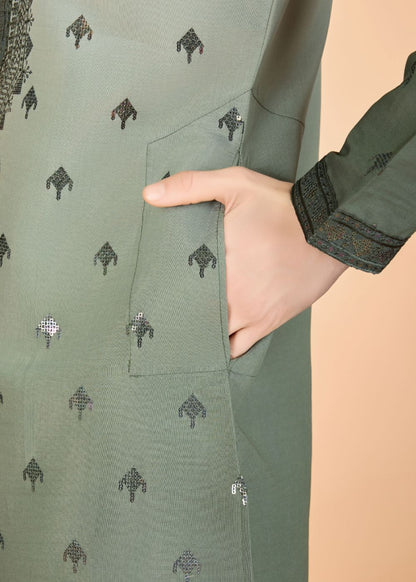 Omber Green Regal Kurta – Majestic Thread Embroidered Style