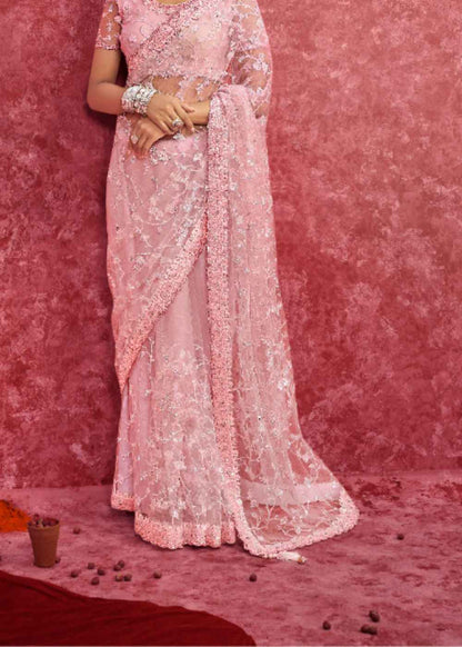 Rose Blush Net Embroidery Saree