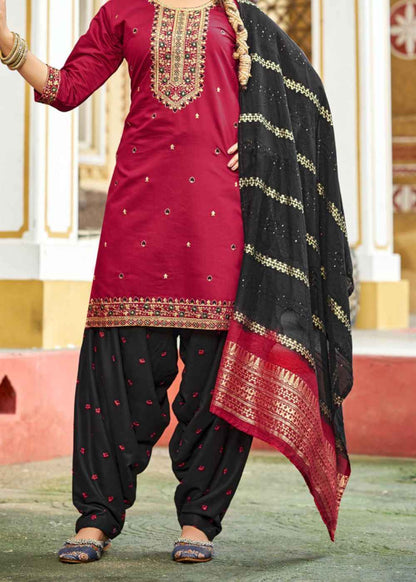 Crimson Black Elegance – Embroidered Ruby Silk Patiyala