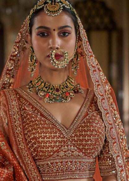 Regal Ember – Radiant Orange Bridal Lehenga Set with Double Dupatta