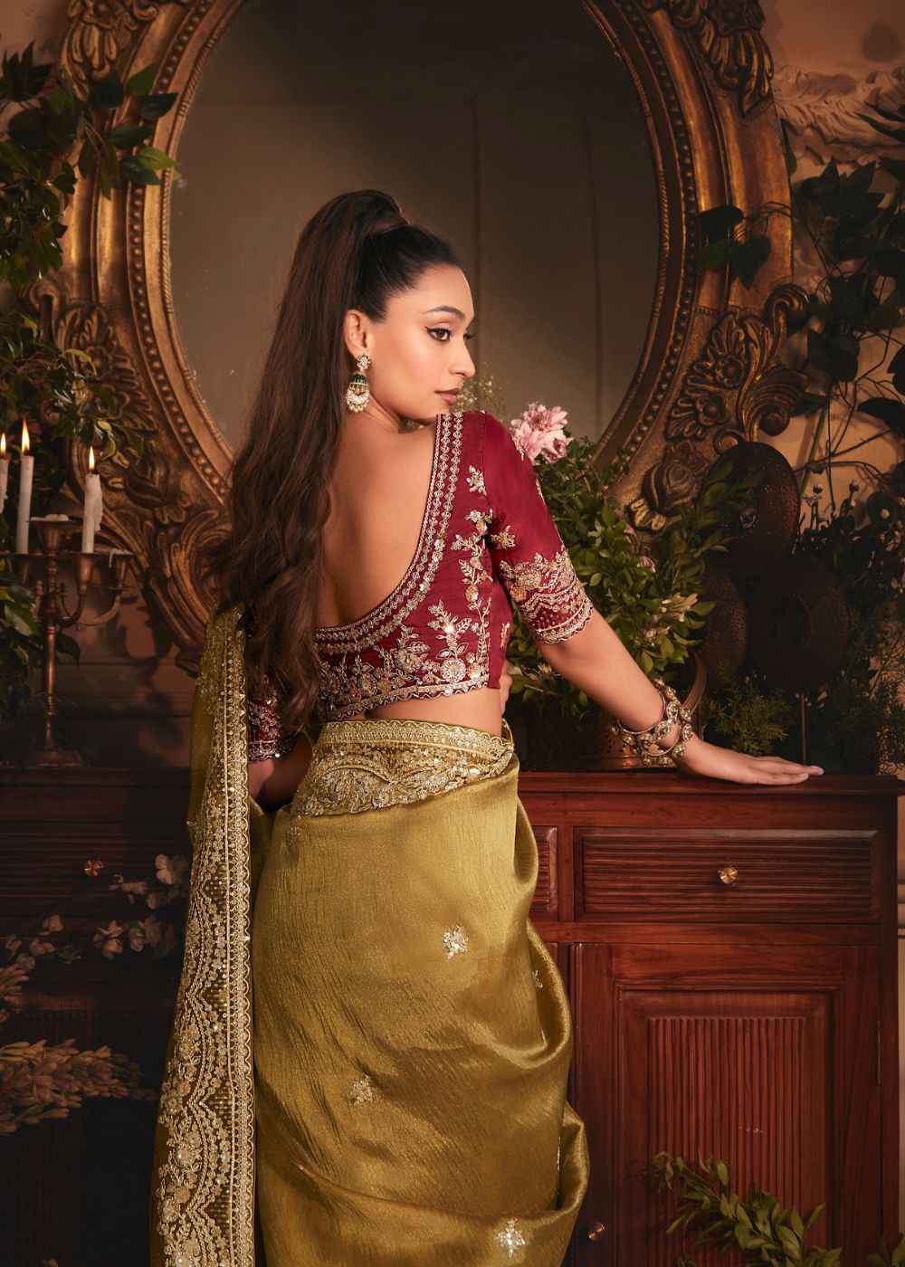 Olive Gold Tissue Organza Saree