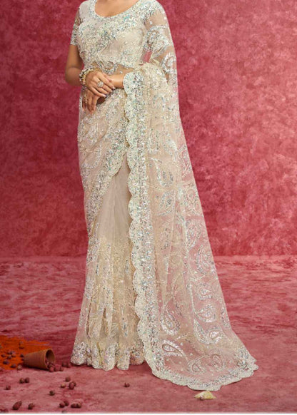 Off White Elegance (Nett Work Saree)