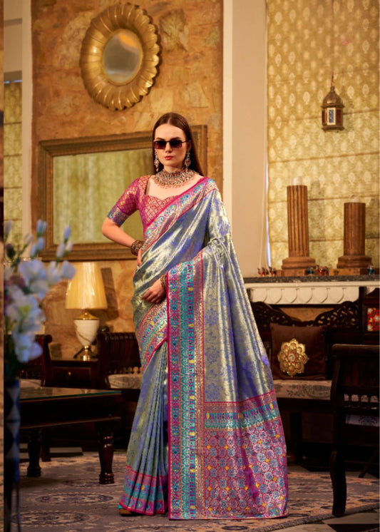 Royal Blue Tissue Silk Saree with Designer Contrast Border & Pallu