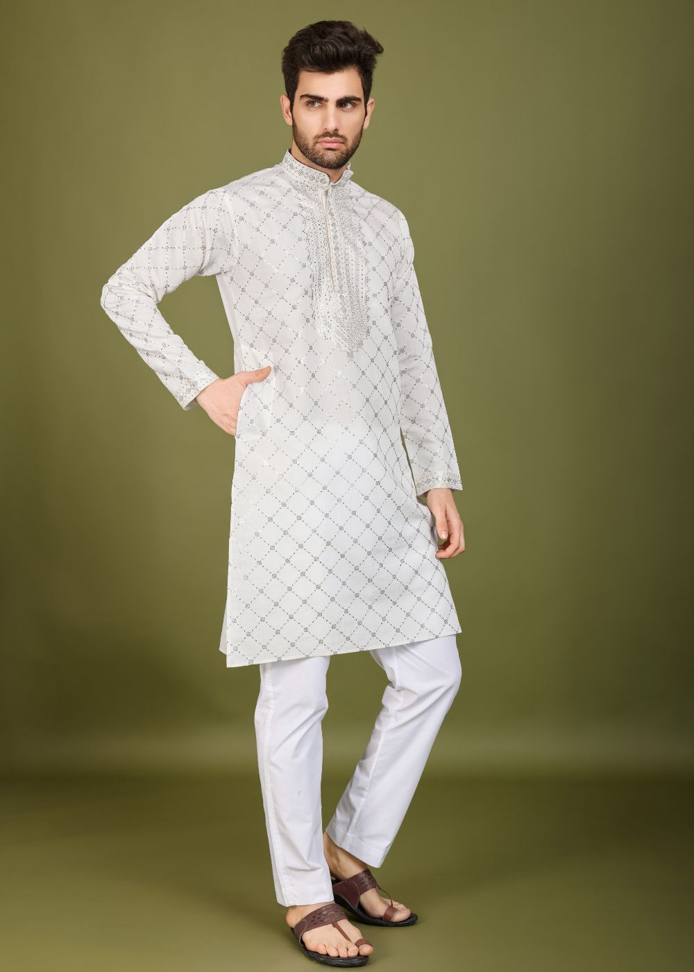 Royal White Viscose Embroidered Kurta with Dupatta