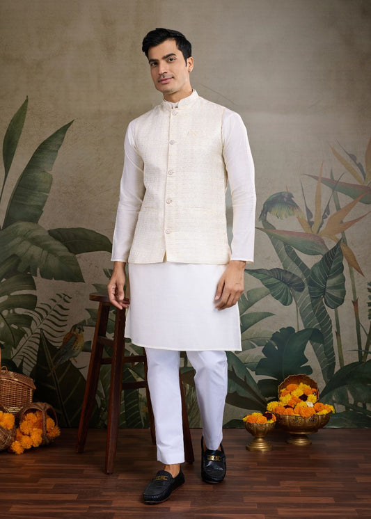 Ivory Emperor – Off White Viscose Silk Kurta with Textured Jacquard Koti
