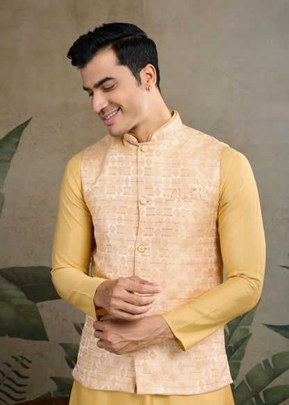Saffron Majesty – Yellow Viscose Silk Kurta with Embroidered Jacquard Koti