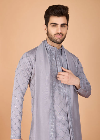 Elegant Grey Silk Kurta Set with Dupatta Detailing