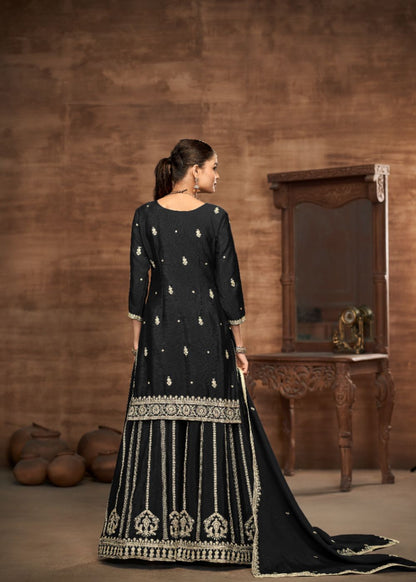 Royal Black - Designer Chinon Silk Suit Set : Ethnic