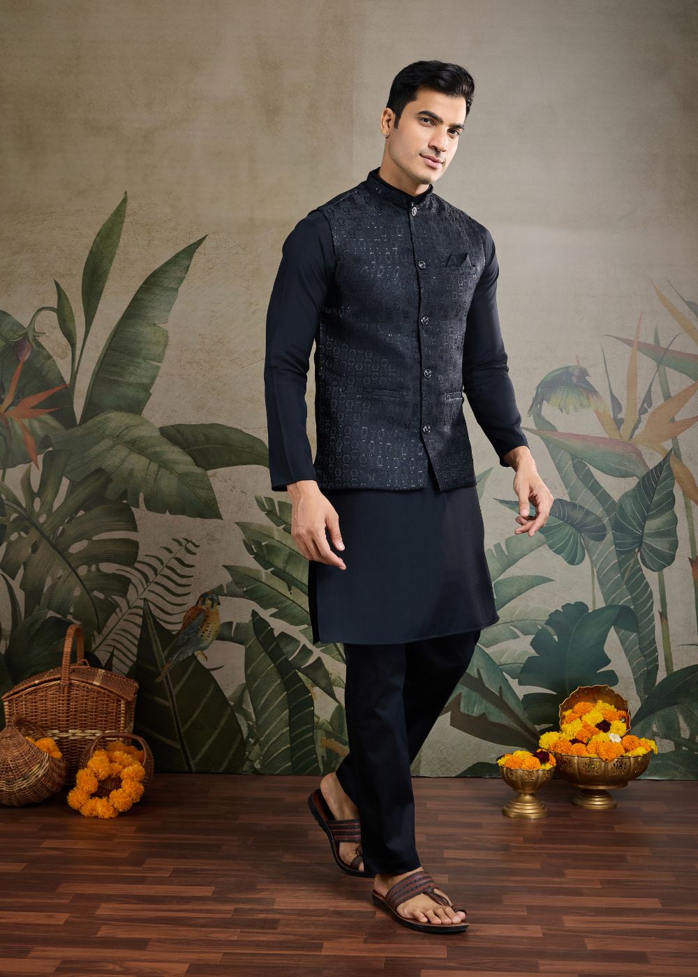 Midnight Regal – Black Viscose Silk Kurta with Rich Jacquard Designer Koti