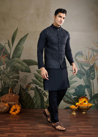 Midnight Regal – Black Viscose Silk Kurta with Rich Jacquard Designer Koti