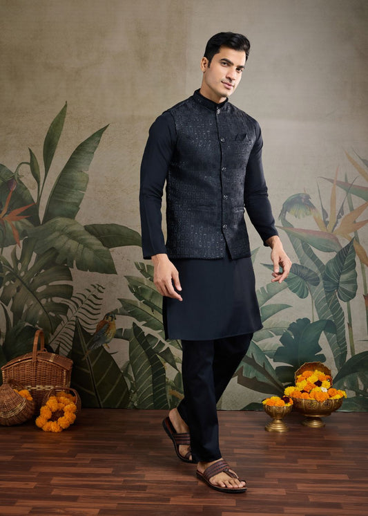 Midnight Regal – Black Viscose Silk Kurta with Rich Jacquard Designer Koti