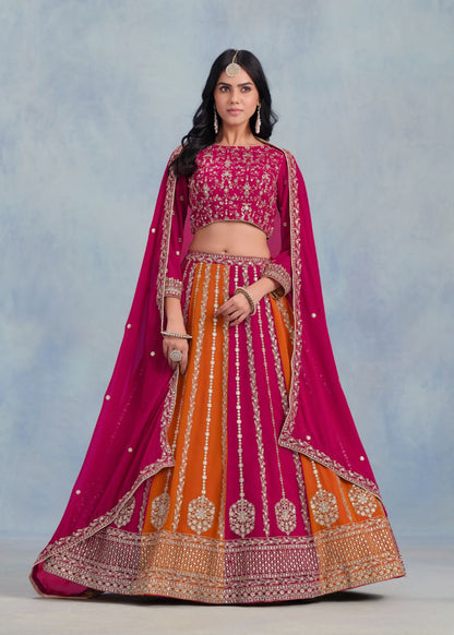 Radiant Magenta & Saffron Embroidered Georgette Lehenga Set