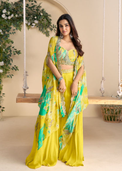 Lime Yellow Palazzo Set with Aqua Green Floral Shrug